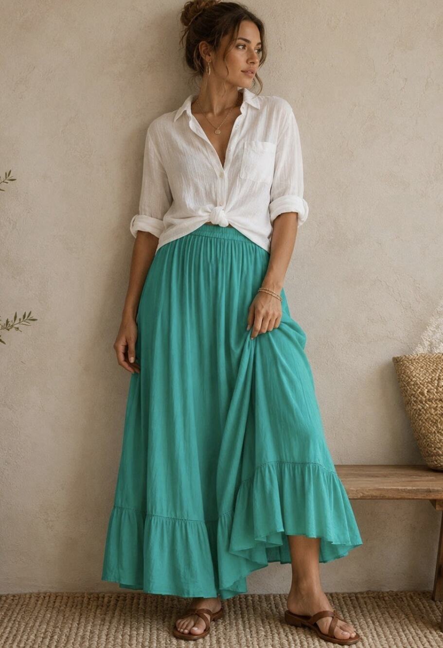 Coldwater Creek Kelly Green A-Line Skirt Silk Blend Flowy Boho Cottage Core PL
